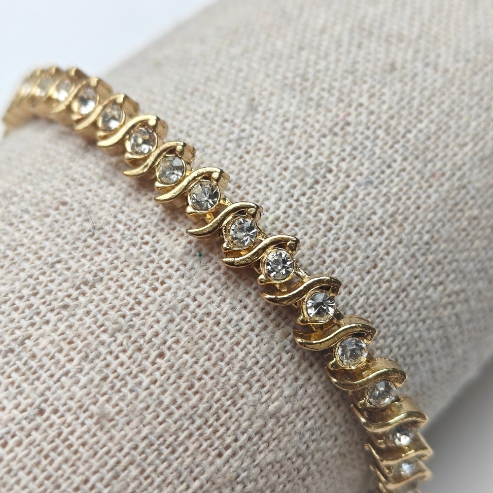 Gold Tone S-Link Tennis Bracelet Clear Crystal Round Cut 7 Inch Fold Over Clasp